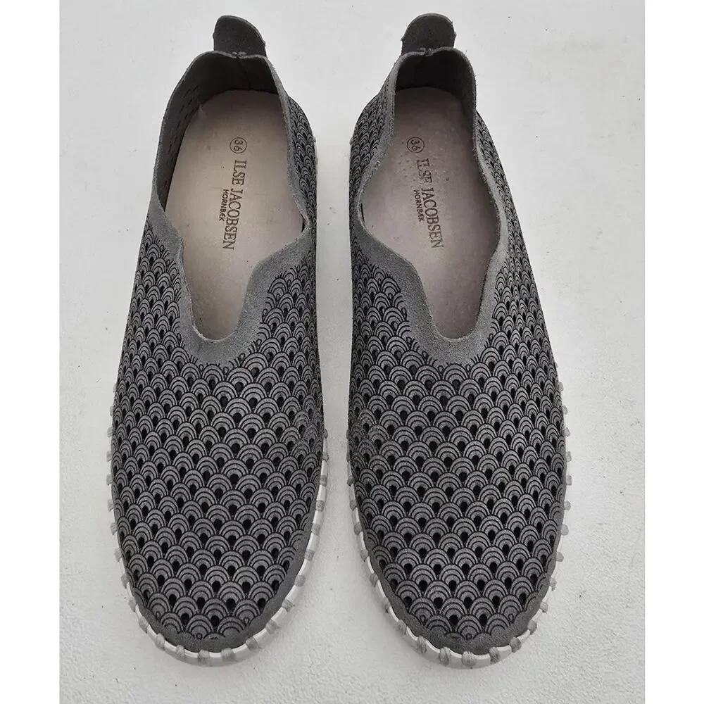 Ilse Jacobsen Tulip Gray Perforated Faux Suede Shoes Flats Womens 36 EU US 5.5-6
